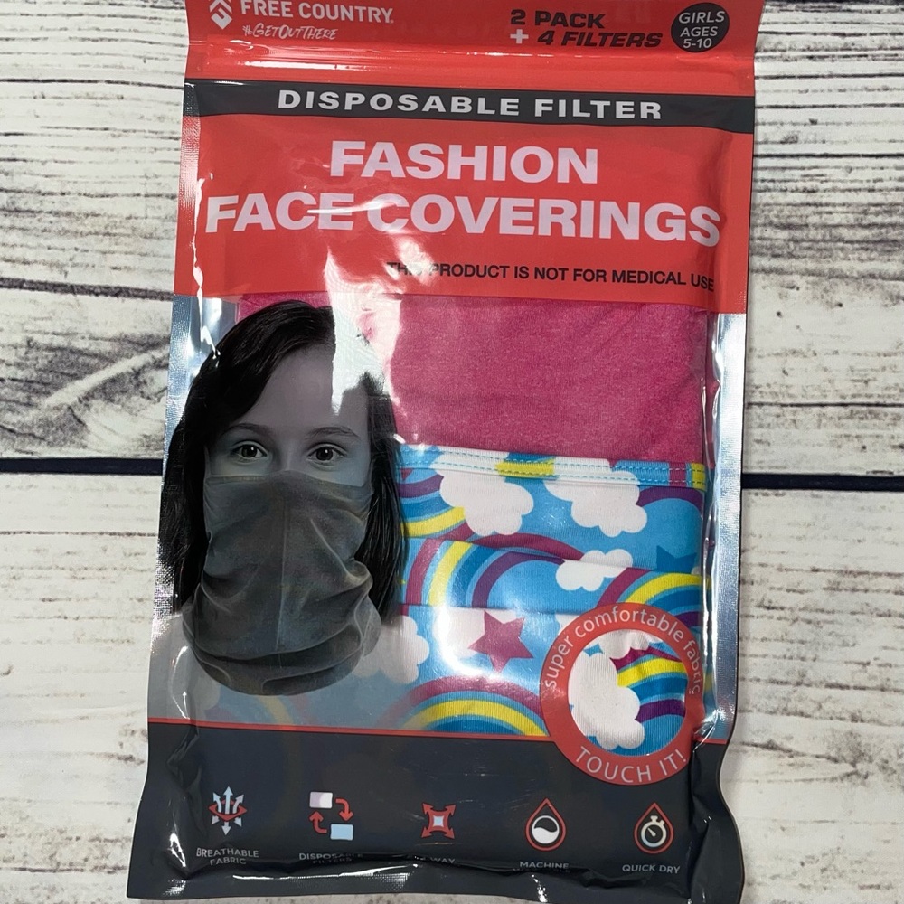 (OS) Free Country Girls Fashion Face Coverings Mask (Age 5-10) 2pack Rainbow